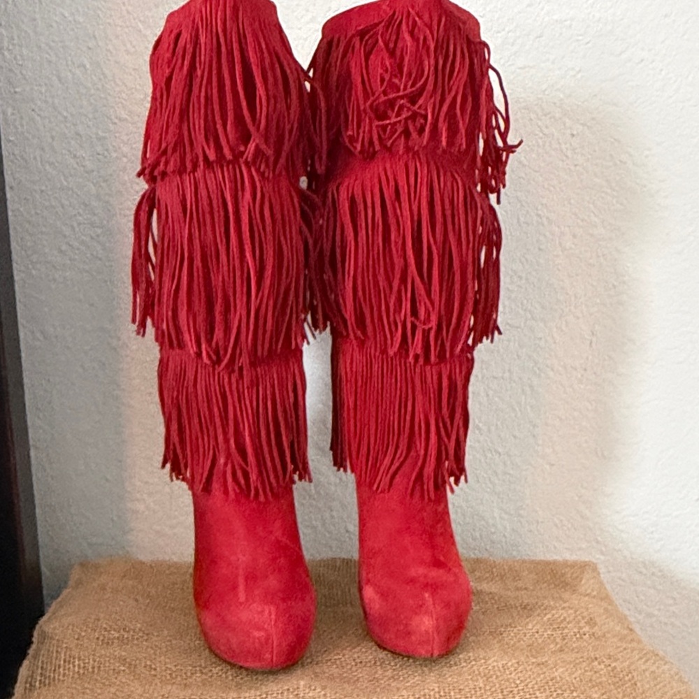 Mojo Moxy Red Fringe Heeled Boots